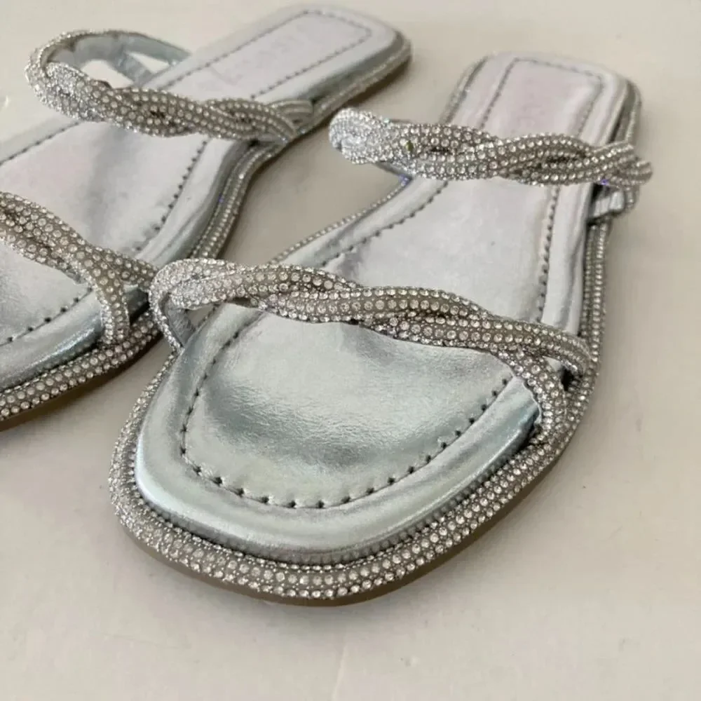 NWOT Vicenza Free People After Party Slip On Silver Gem Twisted Sandals Sz 6